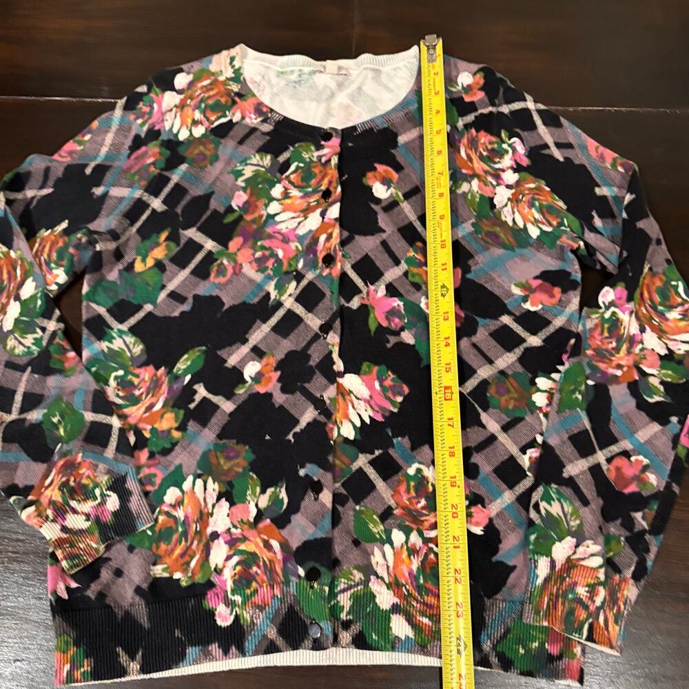 Talbots Floral Plaid Crewneck Cardigan Sweater- size M- eclectic preppy - Picture 5 of 5